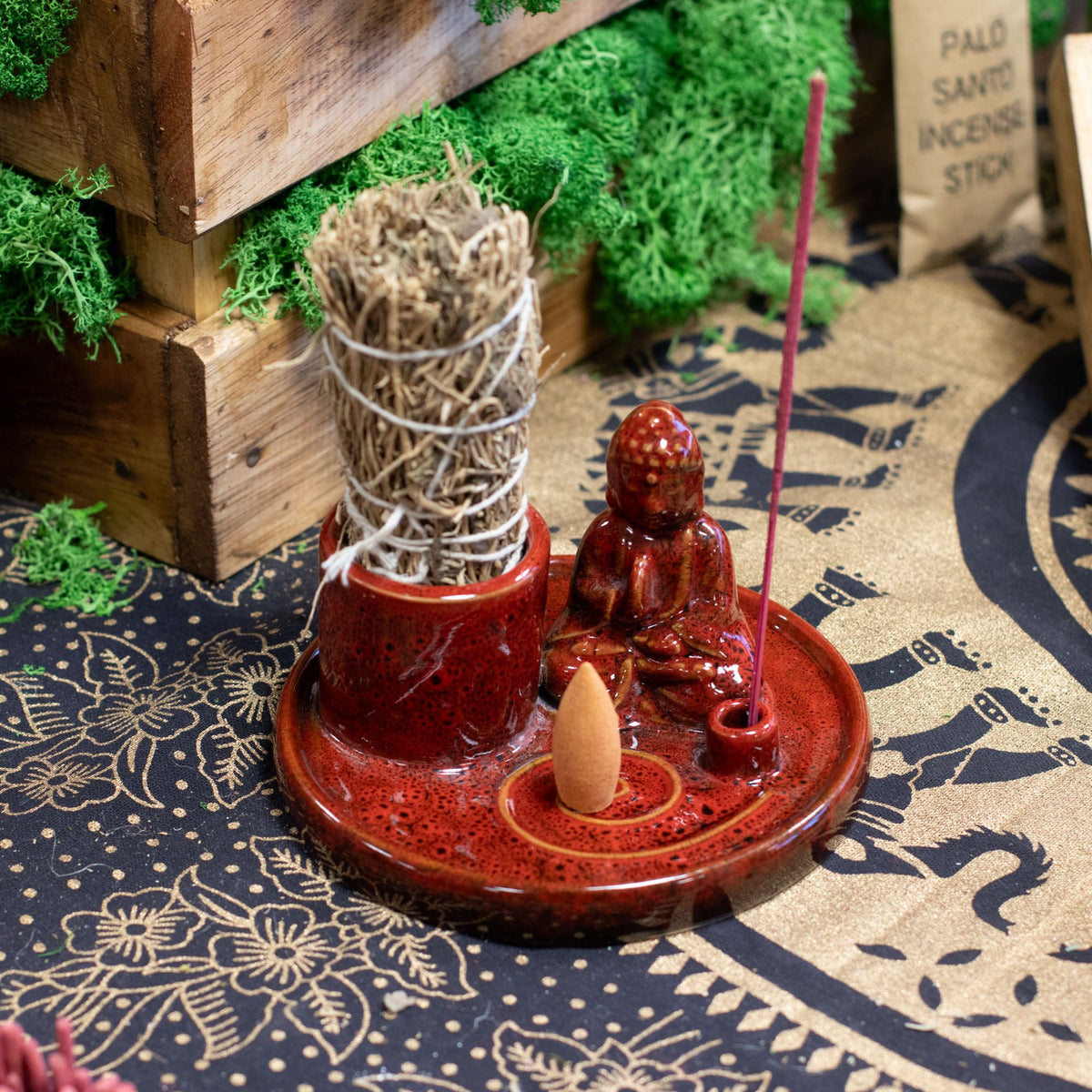 Buddha-Räucherplatte Keramik – Weiches Rot