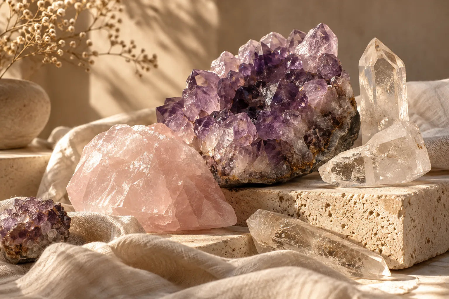 Amethyst, Rosenquarz und Bergkristall im warmen Licht auf Naturstein