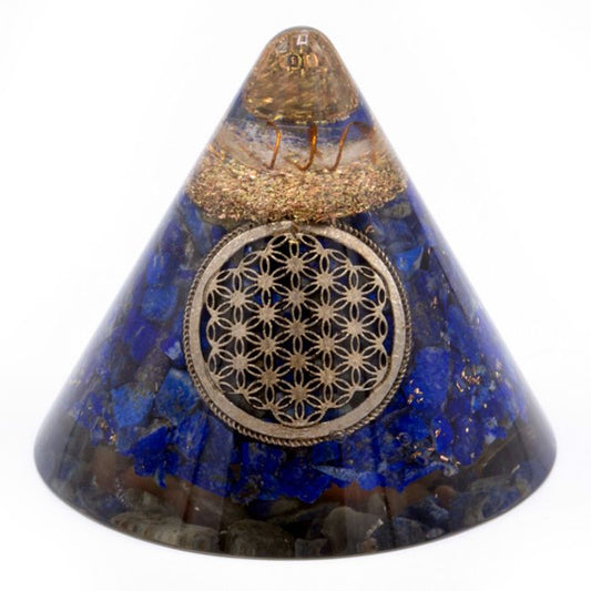 Orgonit Kegel 90 mm – Lapis Blume des Lebens & schwebender Quarz