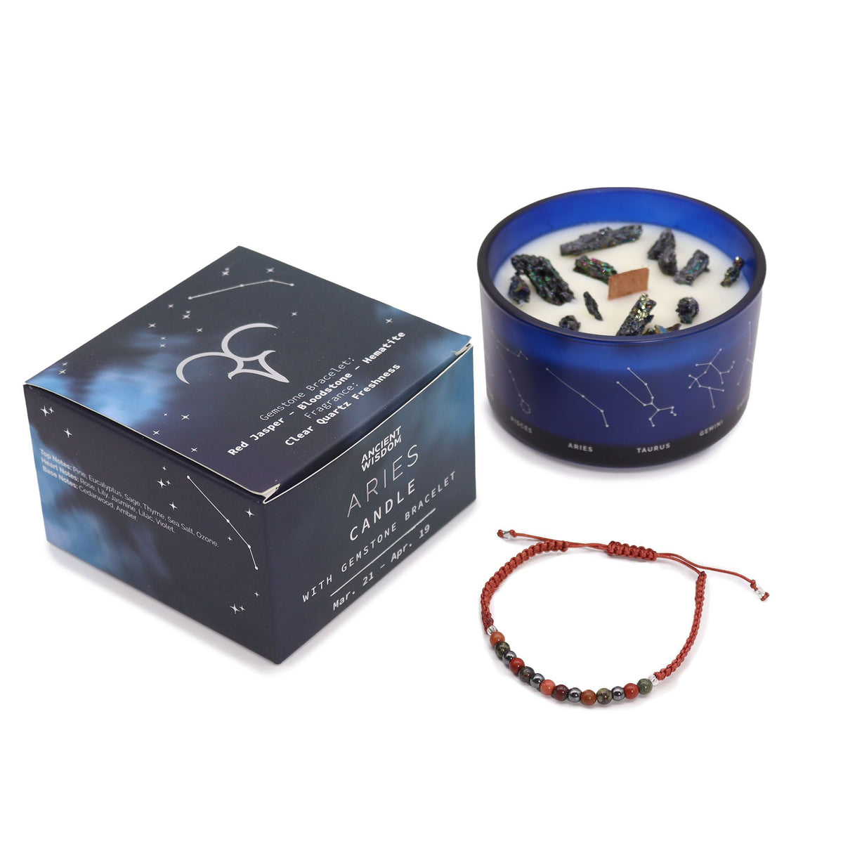 Sternzeichen Kristallkerze mit Edelstein-Armband – Widder