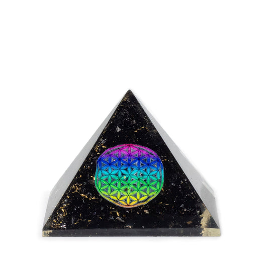 Orgonit Pyramide klein 5,5×4,5 cm – Blume des Lebens & Schwarzer Turmalin
