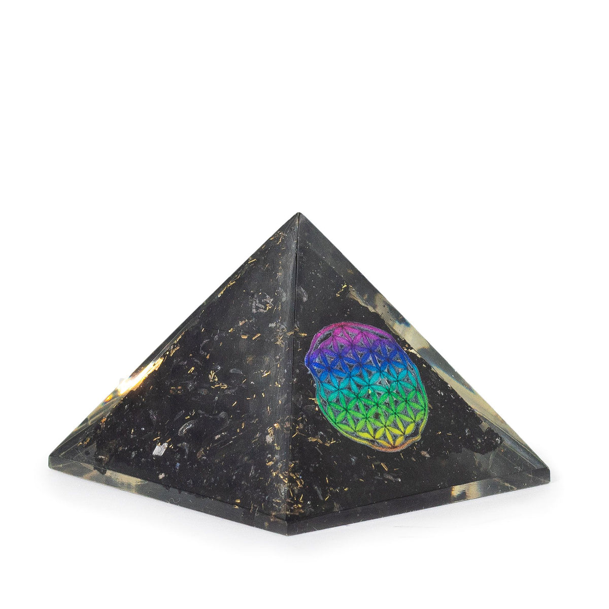 Orgonit Pyramide klein 5,5×4,5 cm – Blume des Lebens & Schwarzer Turmalin