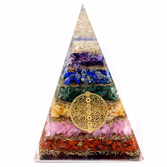 Orgonit Pyramide 70 mm – Sieben Chakren Blume des Lebens