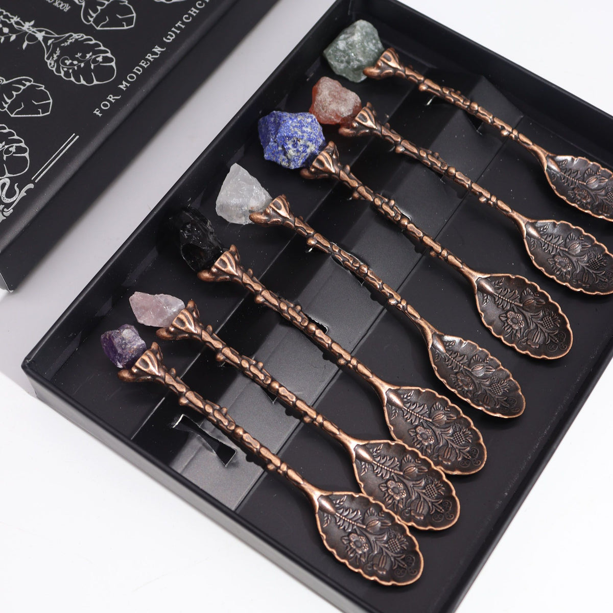 Hexenlöffel-Set Bronze – 7 Edelstein-Löffel