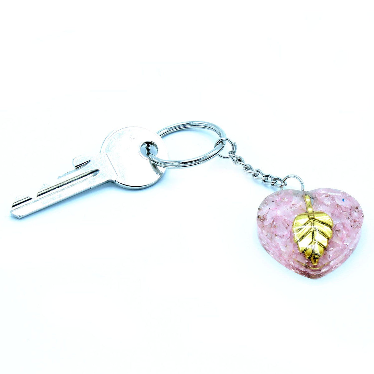 Orgonit Schlüsselanhänger – Rosenquarz Herzen mit Goldblatt