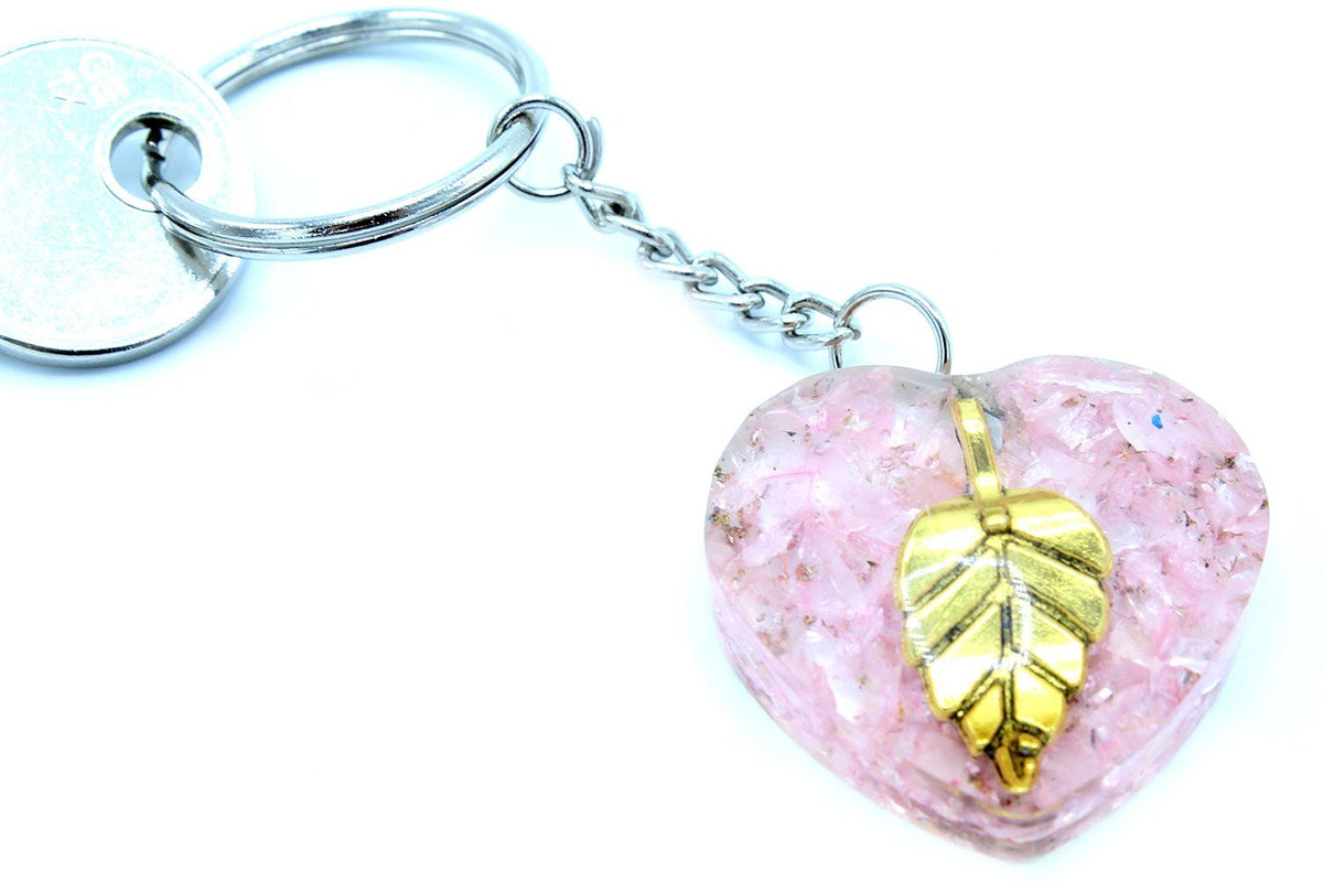 Orgonit Schlüsselanhänger – Rosenquarz Herzen mit Goldblatt