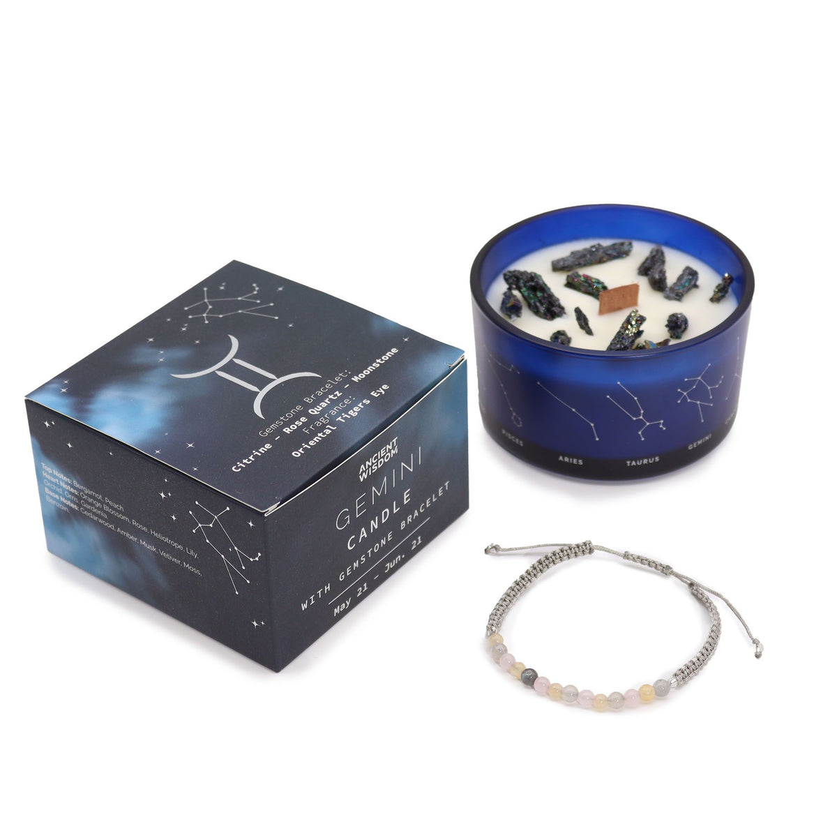 Sternzeichen Kristallkerze mit Edelstein-Armband – Zwillinge
