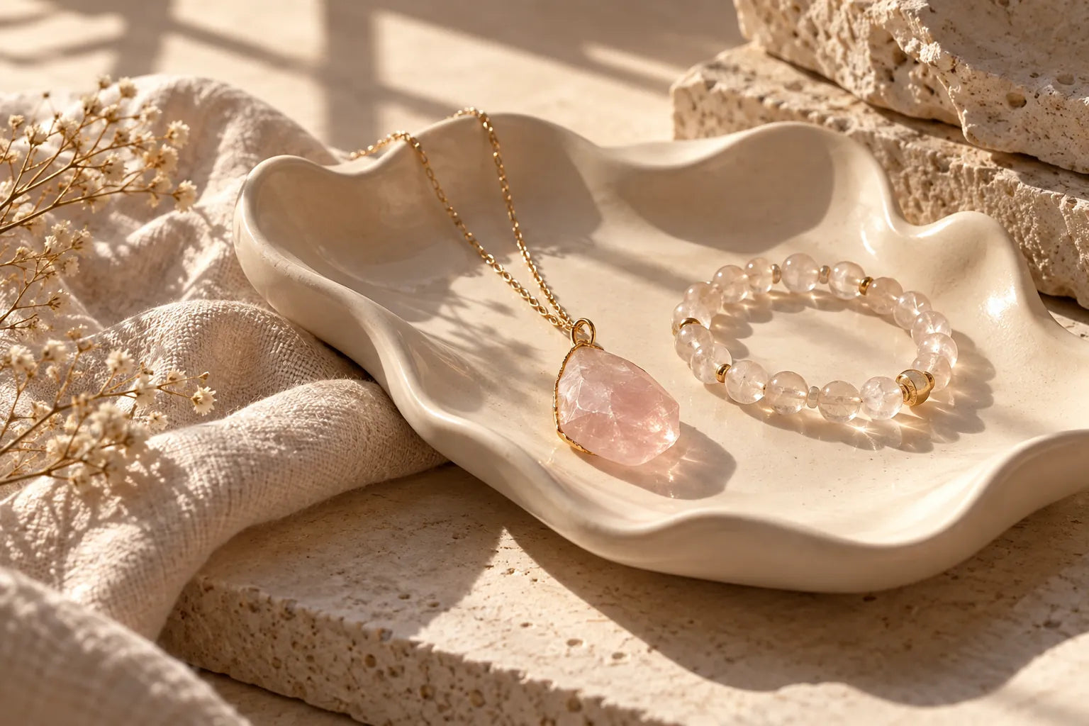 Roséquarzschmuck auf einer Keramikschale